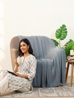 PLUCHI - Sailors Snuggle Blue Grey Cotton Knitted Throw