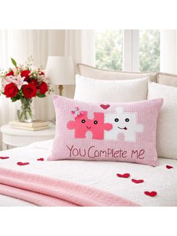 THROW PILLOW - You Complete Me Puzzle Piece with Pink Heart Trim Pillow Cover (12 x 18 Inches)