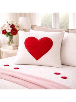 THROW PILLOW - Charming White Featuring Faux Fur Heart Cushion Cover (16 x 16 Inches)