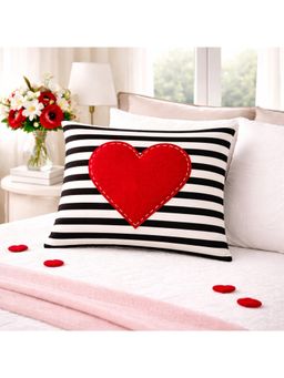 THROW PILLOW - Multi-Color Striped Red Stitched Heart Accents Cushion Cover (16 x 16 Inches)