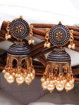Karatcart - Antique Gold Plated Navy Blue Tomb Style with Golden Pearl Jhumki Earrings for Women