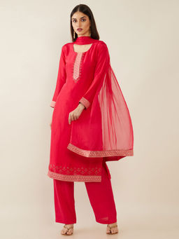 Soch - Magenta Beads and Stones Silk Unstitched Dress Material - 3 Meter Kurta Fabric