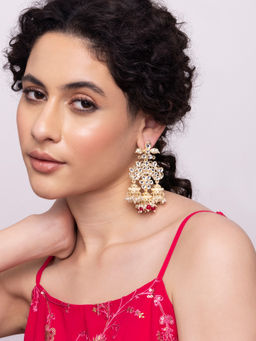 Indya - Gold Red Kundan Multi Drop Dangler Earrings