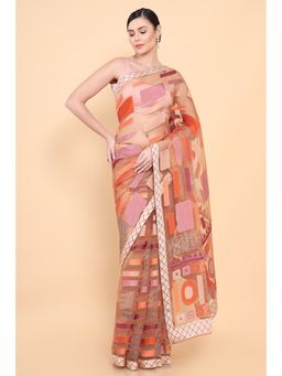 Soch - Women Orange Organza Printed Saree with Unstitched Blouse