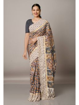 Unnati Silks - Multi Pure Kalamkari Block Printed Silk Saree with Unstitched Blouse
