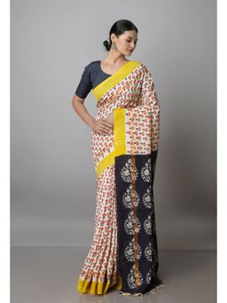 Unnati Silks - Cream & Red Pure Preet Bagru Chanderi Sico Saree with Unstitched Blouse