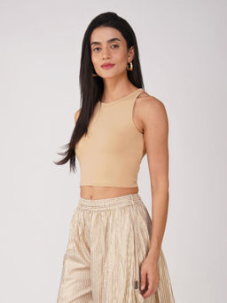 Swtantra - Women's Stretchy Knitted Halter Neck Beige Sleeveless Crop Top