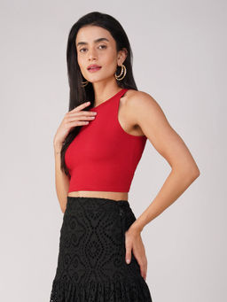 Swtantra - Women's Stretchy Knitted Halter Neck Red Sleeveless Crop Top