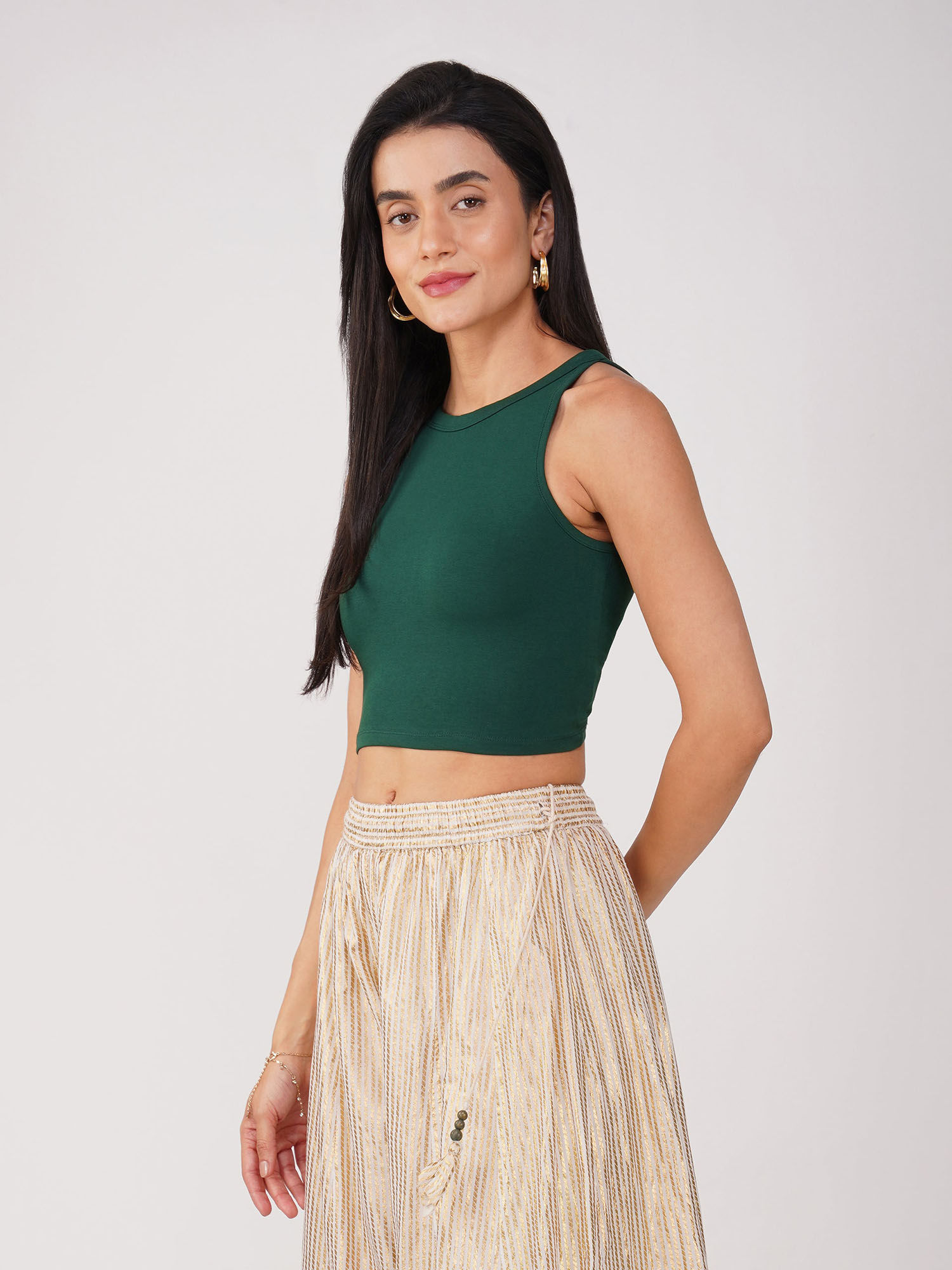 swtantra Women's Stretchy Knitted Halter Neck Green Sleeveless Crop Top-picture-26