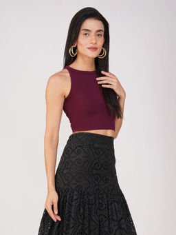 Swtantra - Women's Stretchy Knitted Halter Neck Wine Sleeveless Crop Top