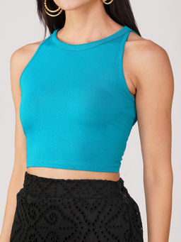 Swtantra - Women's Stretchy Knitted Halter Neck Turquoise Sleeveless Crop Top