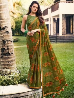 Odette - Womens Chiffon Olive Embellished Saree with Unstitched Blouse