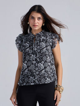 Twenty Dresses by Nykaa Fashion - Black Printed Tie Up Mandarin Neck Ruffle Detail Top