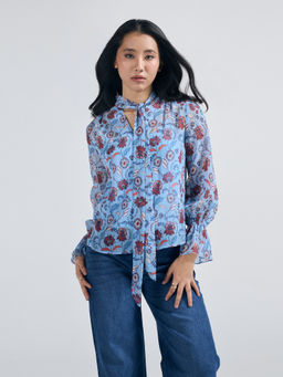 Twenty Dresses by Nykaa Fashion - Blue Floral Printed Tie Up Neck Top
