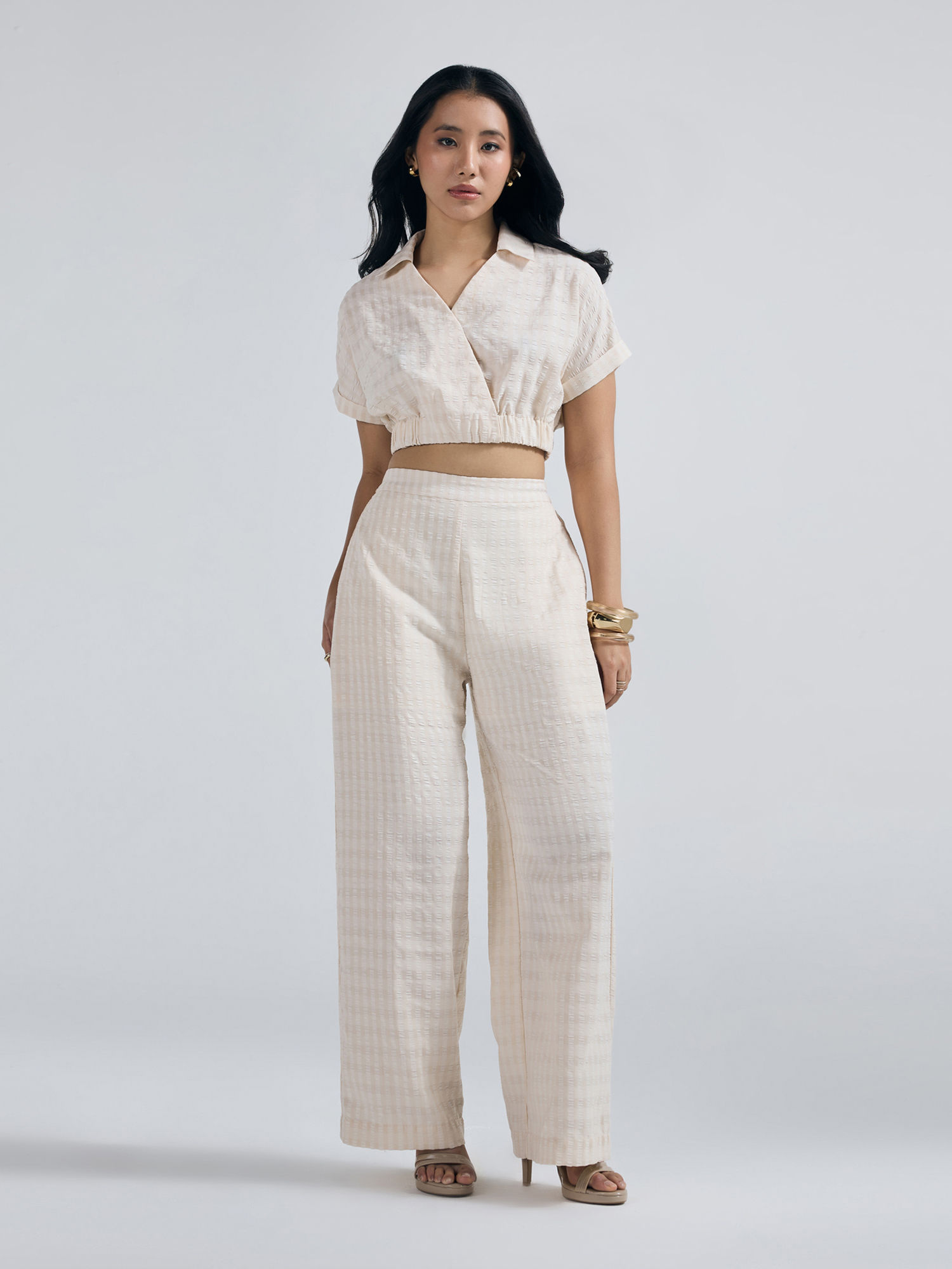 Cream V Neck Collar Wrap Top With Straight Fit Pants-image-11