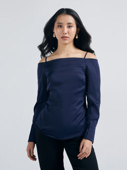 Twenty Dresses by Nykaa Fashion - Navy Blue Satin Strappy Off Shoulder Top