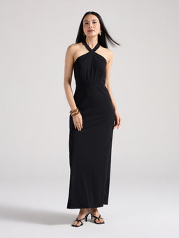 Twenty Dresses by Nykaa Fashion - Black Solid Halter Neck Bodice Straight Maxi Gown