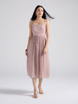 Twenty Dresses by Nykaa Fashion - Brown Checkered Strappy Fit and Flared Midi Dress