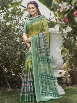 Odette - Womens Soft Silk Green Printed Saree with Unstitched Blouse