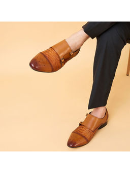 Imperio - Tan Mens Formal Woven Double Monk Straps Slip Ons