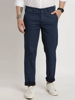 Turtle - Men Cotton Stretch Ultra Slim Fit Printed Blue Flat Front Casual Trouser