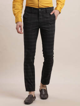 Turtle - Men Cotton Stretch Narrow Fit Checkered Charcoal Flat Front Formal Trouser