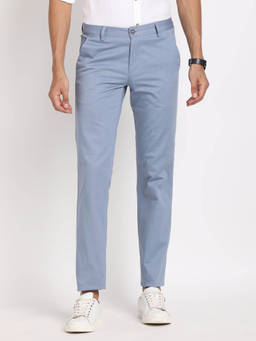 Turtle - Men Cotton Stretch Ultra Slim Fit Blue Solid Flat Front Casual Trouser