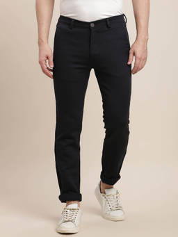 Turtle - Men Cotton Stretch Ultra Slim Fit Dobby Navy Blue Flat Front Casual Trouser