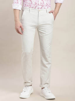 Turtle - Men Cotton Linen Ultra Slim Fit Grey Melange Solid Flat Front Casual Trouser