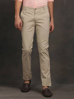 Turtle - Men Cotton Stretch Ultra Slim Fit Solid Beige Flat Front Casual Trouser