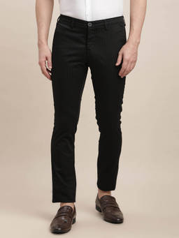 Turtle - Men Cotton Stretch Narrow Fit-Striped Flat Front Black Formal Trouser