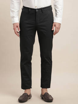 Turtle - Men Cotton Stretch Narrow Fit Solid Black Flat Front Formal Trouser