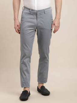 Turtle - Men Cotton Stretch Narrow Fit-Solid Flat Front Grey Formal Trouser