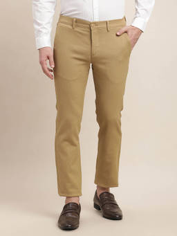 Turtle - Men Cotton Stretch Ultra Slim Fit-Solid Flat Front Dark Beige Formal Trouser