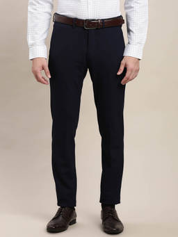 Turtle - Men Polyviscose Slim Fit Solid Blue Flat Front Formal Chinos
