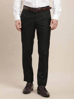 Turtle - Men Poly Viscose Slim Fit-Solid Flat Front Charcoal Formal Trouser