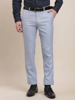 Turtle - Men Linen Slim Fit-Solid Flat Front Light Blue Formal Trouser