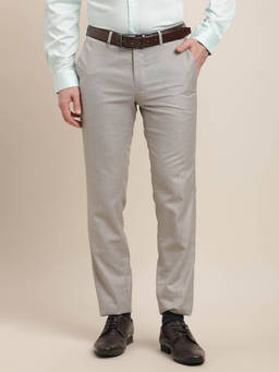 Turtle - Men Linen Slim Fit-Solid Flat Front Grey Formal Trouser