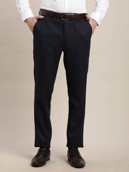 Turtle - Men Terry Rayon Ultra Slim Fit Checkered Navy Blue Flat Front Formal Trouser