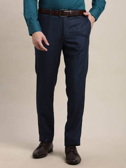 Turtle - Men Blue Slim Fit Checkered Flat Front Terry Rayon Formal Trouser
