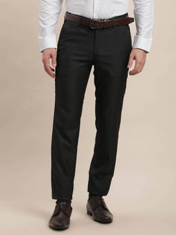 Turtle - Men Poly Viscose Stretch Slim Fit-Checkered Flat Front Black Formal Trouser