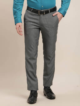 Turtle - Men Poly Viscose Stretch Slim Fit-Checkered Flat Front Grey Formal Trouser