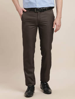 Turtle - Men Poly Viscose Stretch Slim Fit-Solid Flat Front Dark Brown Formal Trouser