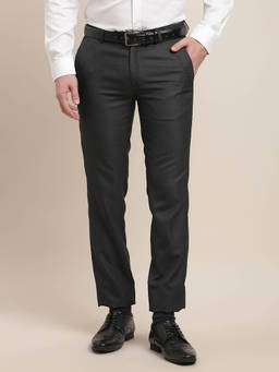 Turtle - Men Poly Viscose Stretch Slim Fit-Solid Flat Front Charcoal Grey Formal Trouser