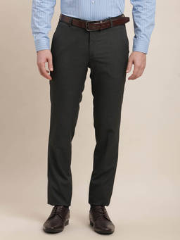 Turtle - Men Poly Viscose Stretch Slim Fit-Checkered Flat Front Black Formal Trouser