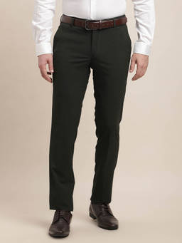 Turtle - Men Poly Viscose Stretch Slim Fit-Checkered Flat Front Dark Green Formal Trouser