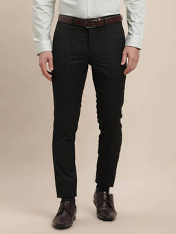 Turtle - Men Poly Viscose Ultra Slim Fit-Checkered Flat Front Black Formal Trouser