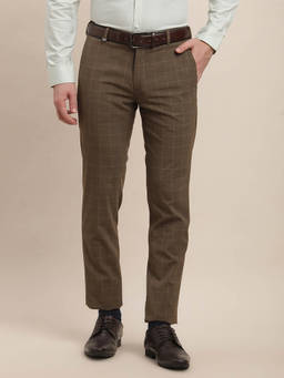 Turtle - Men Poly Viscose Ultra Slim Fit-Checkered Flat Front Brown Formal Trouser