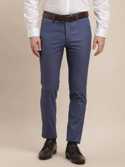 Turtle - Men Poly Viscose Ultra Slim Fit-Checkered Flat Front Blue Formal Trouser