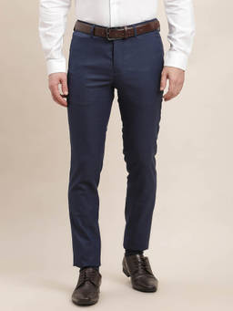 Turtle - Men Poly Viscose Stretch Ultra Slim Fit-Checkered Flat Front Blue Formal Trouser